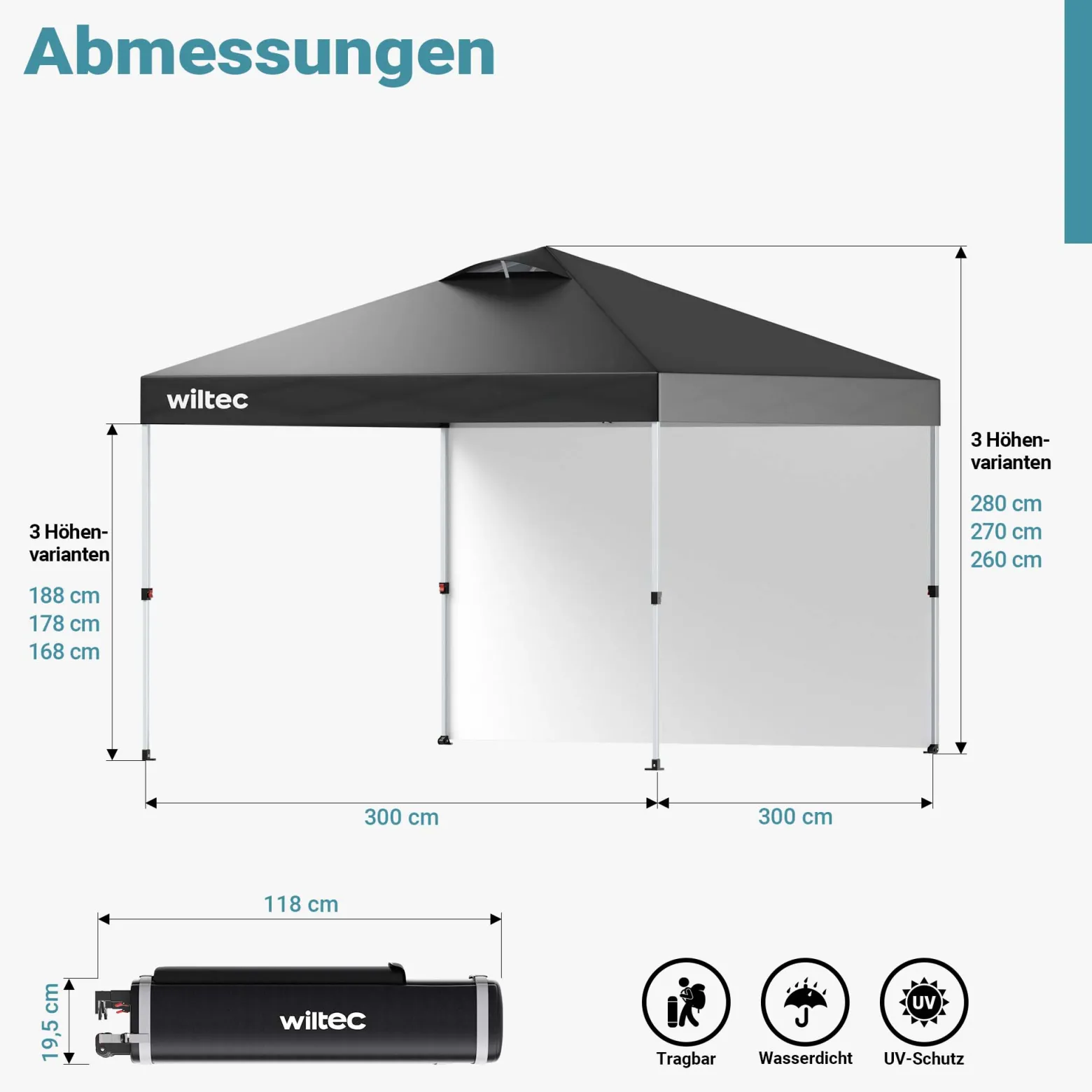 Wiltec Pop up Pavillon 3 x 3 m grau mit Seitenteil, Faltpavillon mit Rädern und „One Push“-Technologie, Gartenpavillon mit höhenverstellbaren Beinen