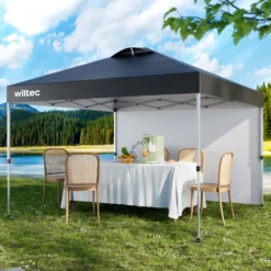 Wiltec Pop up Pavillon 3 x 3 m grau mit Seitenteil, Faltpavillon mit Rädern und „One Push“-Technologie, Gartenpavillon mit höhenverstellbaren Beinen
