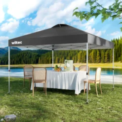 Wiltec Pop Up Pavillon 3 x 3 m grau mit Rädern, Faltpavillon mit „One Push“-Technologie und Gewichtstaschen, Gartenpavillon mit verstellbaren Beinen