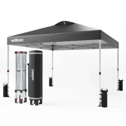 Wiltec Pop Up Pavillon 3 x 3 m grau mit Rädern, Faltpavillon mit „One Push“-Technologie und Gewichtstaschen, Gartenpavillon mit verstellbaren Beinen