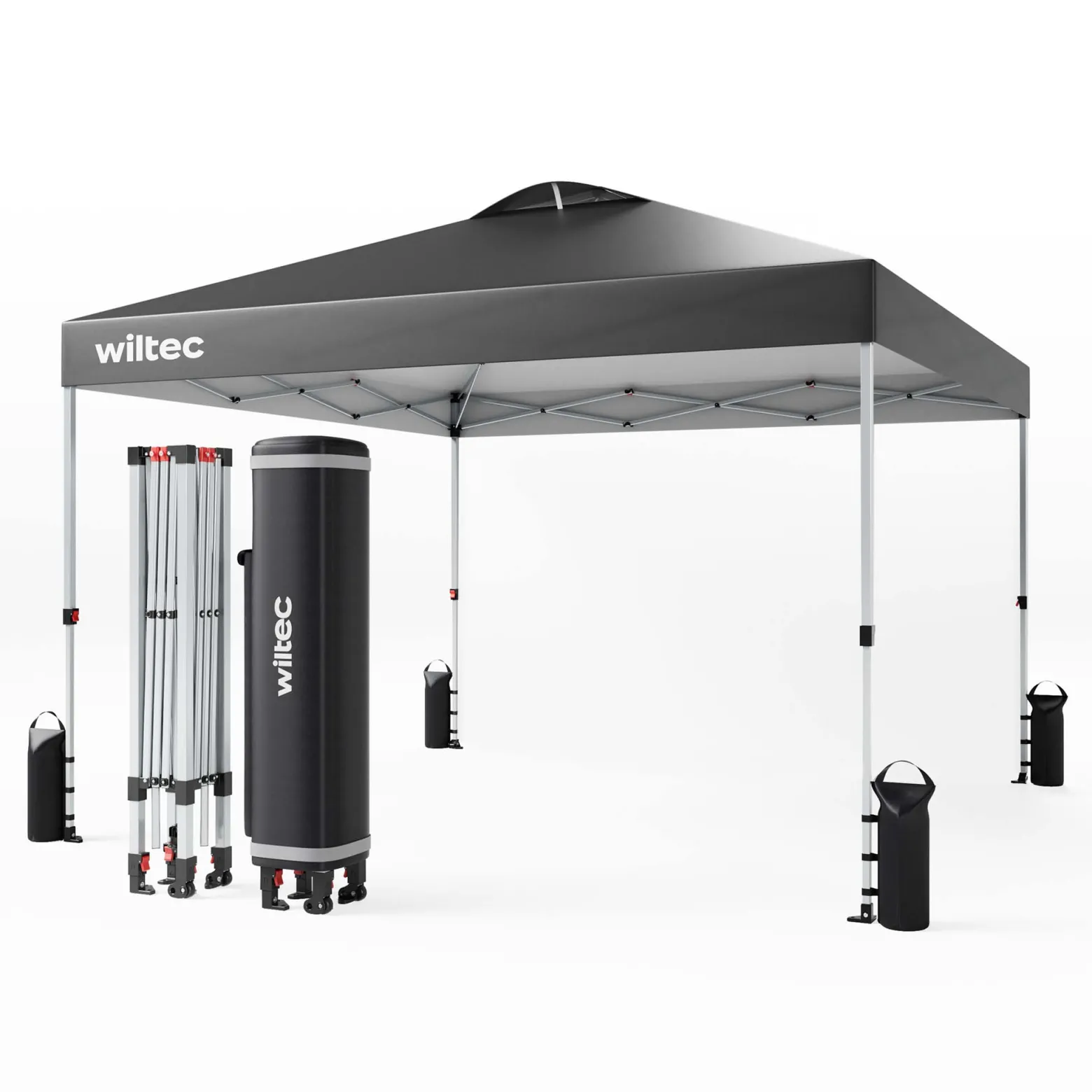 Wiltec Pop Up Pavillon 3 x 3 m grau mit Rädern, Faltpavillon mit „One Push“-Technologie und Gewichtstaschen, Gartenpavillon mit verstellbaren Beinen