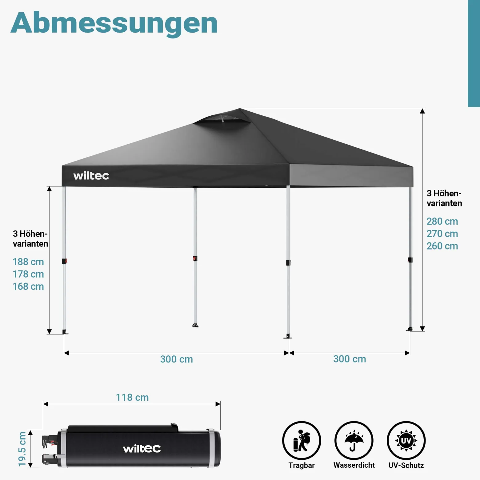 Wiltec Pop Up Pavillon 3 x 3 m grau mit Rädern, Faltpavillon mit „One Push“-Technologie und Gewichtstaschen, Gartenpavillon mit verstellbaren Beinen