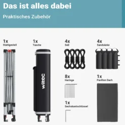 Wiltec Pop Up Pavillon 3 x 3 m grau mit Rädern, Faltpavillon mit „One Push“-Technologie und Gewichtstaschen, Gartenpavillon mit verstellbaren Beinen
