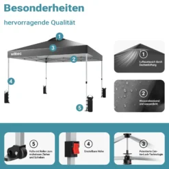Wiltec Pop Up Pavillon 3 x 3 m grau mit Rädern, Faltpavillon mit „One Push“-Technologie und Gewichtstaschen, Gartenpavillon mit verstellbaren Beinen