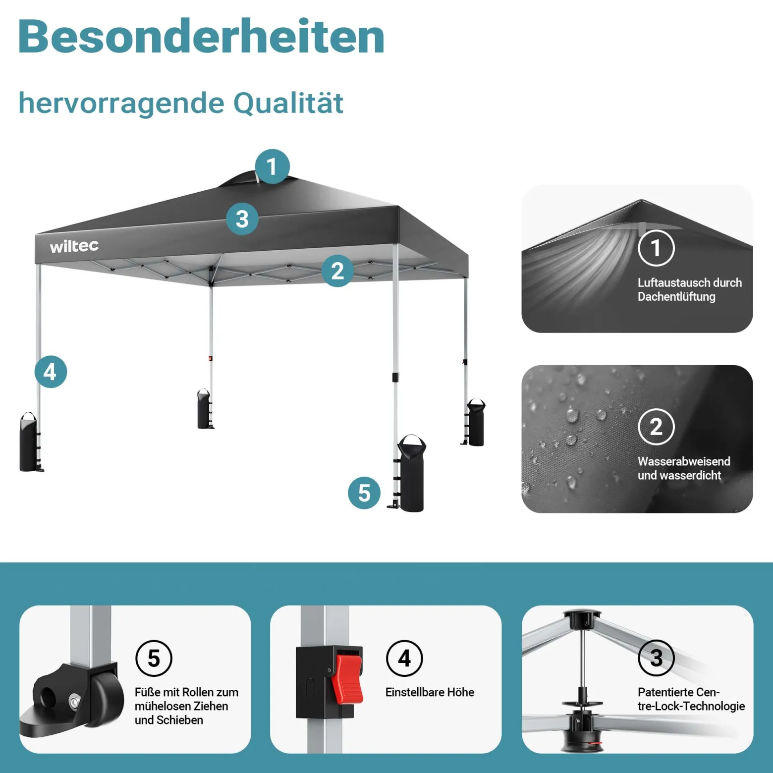 Wiltec Pop Up Pavillon 3 x 3 m grau mit Rädern, Faltpavillon mit „One Push“-Technologie und Gewichtstaschen, Gartenpavillon mit verstellbaren Beinen