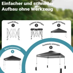 Wiltec Pop Up Pavillon 3 x 3 m grau mit Rädern, Faltpavillon mit „One Push“-Technologie und Gewichtstaschen, Gartenpavillon mit verstellbaren Beinen