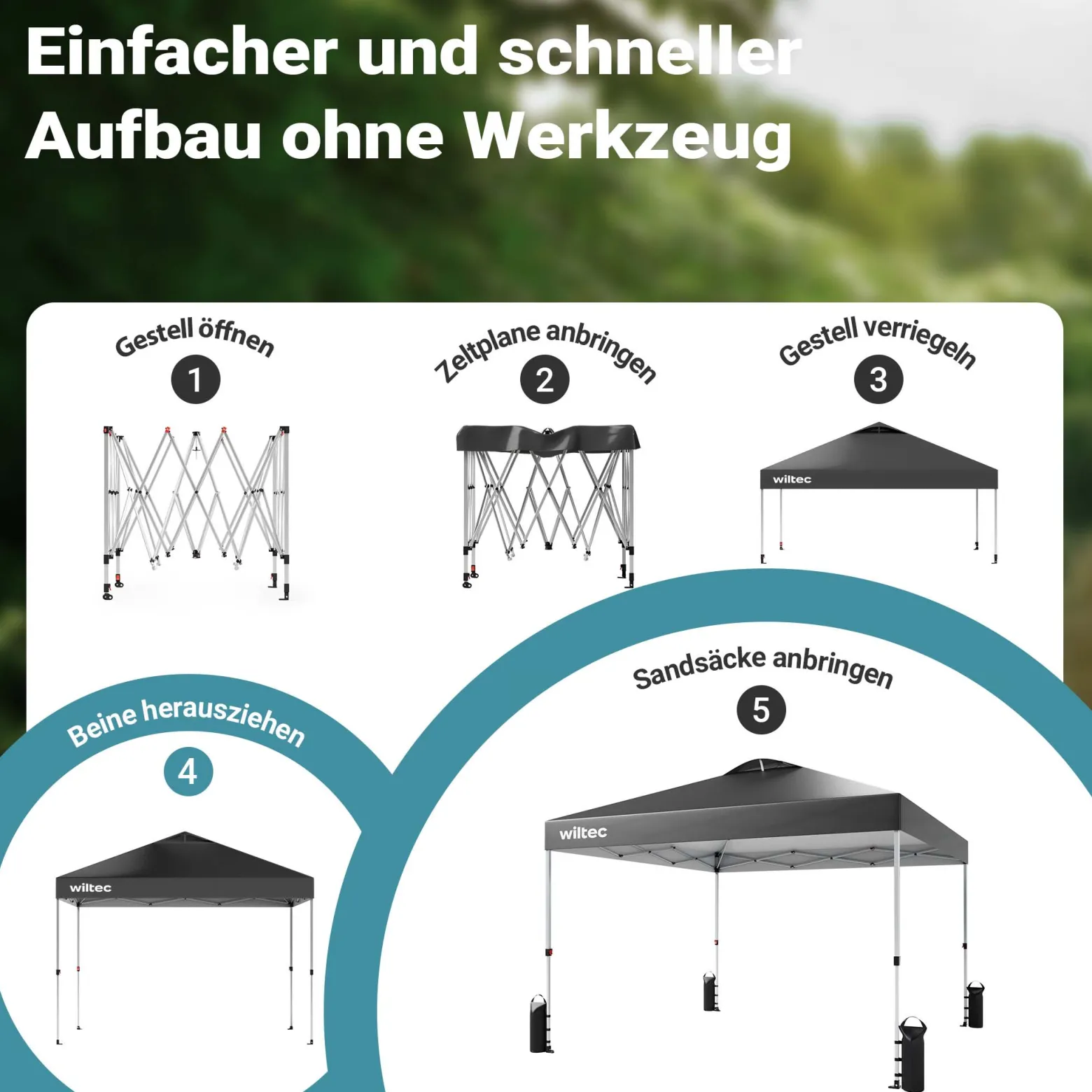 Wiltec Pop Up Pavillon 3 x 3 m grau mit Rädern, Faltpavillon mit „One Push“-Technologie und Gewichtstaschen, Gartenpavillon mit verstellbaren Beinen