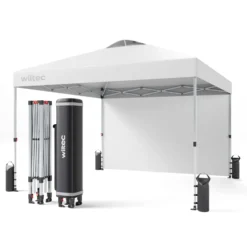 Wiltec Pop up Pavillon 3 x 3 m weiß mit Seitenteil, Faltpavillon mit Rädern und „One Push“-Technologie, Gartenpavillon mit höhenverstellbaren Beinen