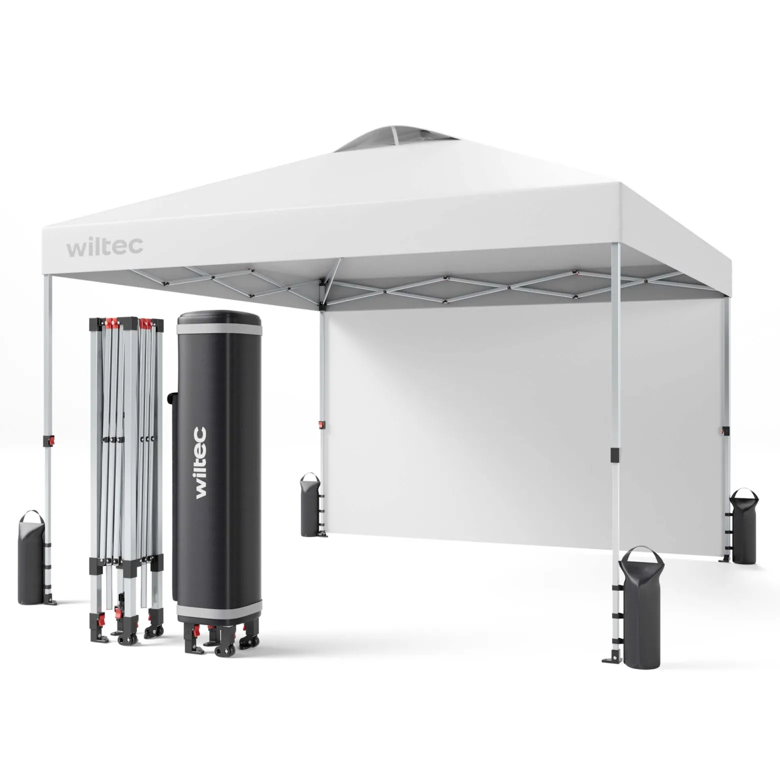 Wiltec Pop up Pavillon 3 x 3 m weiß mit Seitenteil, Faltpavillon mit Rädern und „One Push“-Technologie, Gartenpavillon mit höhenverstellbaren Beinen