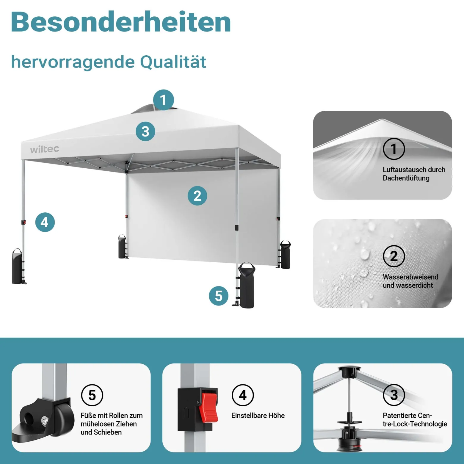 Wiltec Pop up Pavillon 3 x 3 m weiß mit Seitenteil, Faltpavillon mit Rädern und „One Push“-Technologie, Gartenpavillon mit höhenverstellbaren Beinen