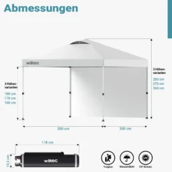 Wiltec Pop up Pavillon 3 x 3 m weiß mit Seitenteil, Faltpavillon mit Rädern und „One Push“-Technologie, Gartenpavillon mit höhenverstellbaren Beinen