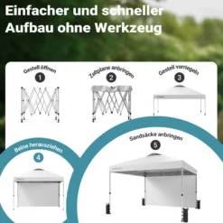 Wiltec Pop up Pavillon 3 x 3 m weiß mit Seitenteil, Faltpavillon mit Rädern und „One Push“-Technologie, Gartenpavillon mit höhenverstellbaren Beinen