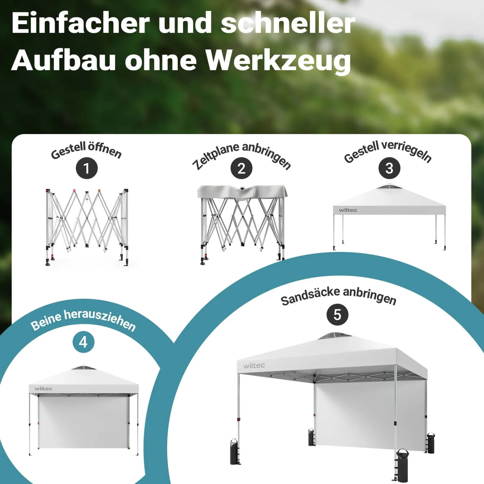 Wiltec Pop up Pavillon 3 x 3 m weiß mit Seitenteil, Faltpavillon mit Rädern und „One Push“-Technologie, Gartenpavillon mit höhenverstellbaren Beinen