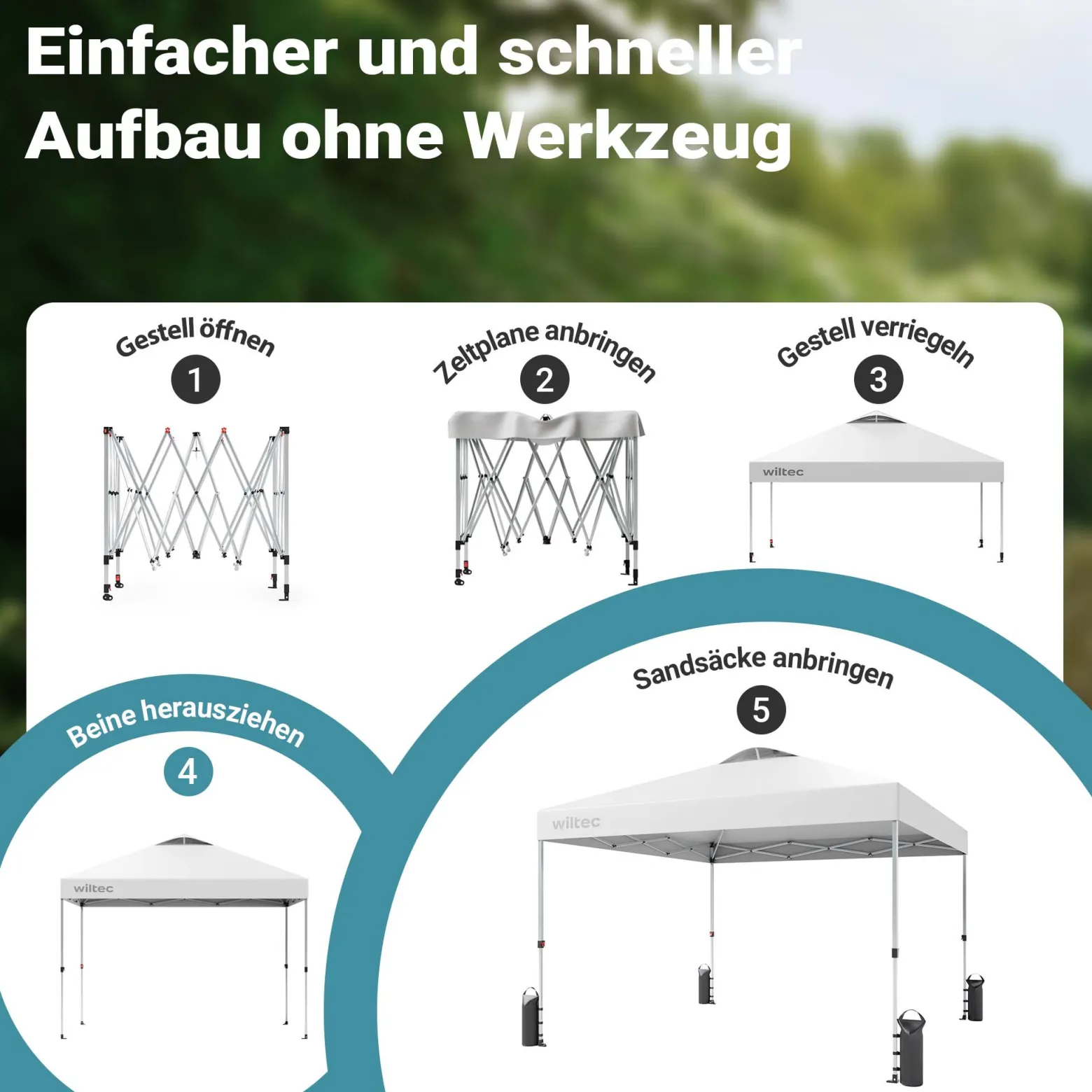 Wiltec Pop Up Pavillon 3 x 3 m weiß mit Rädern, Faltpavillon mit „One Push“-Technologie und Gewichtstaschen, Gartenpavillon mit verstellbaren Beinen