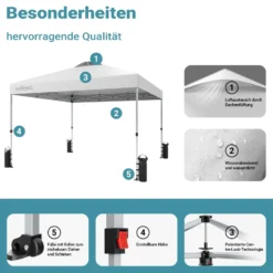 Wiltec Pop Up Pavillon 3 x 3 m weiß mit Rädern, Faltpavillon mit „One Push“-Technologie und Gewichtstaschen, Gartenpavillon mit verstellbaren Beinen