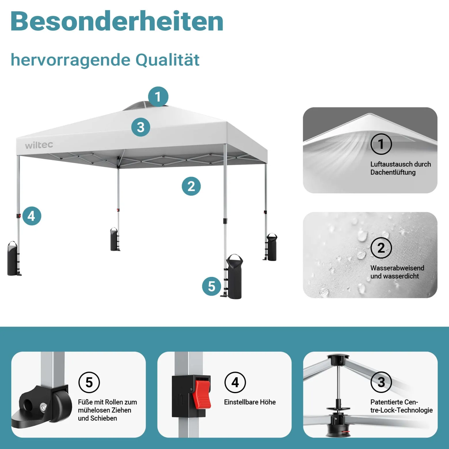 Wiltec Pop Up Pavillon 3 x 3 m weiß mit Rädern, Faltpavillon mit „One Push“-Technologie und Gewichtstaschen, Gartenpavillon mit verstellbaren Beinen