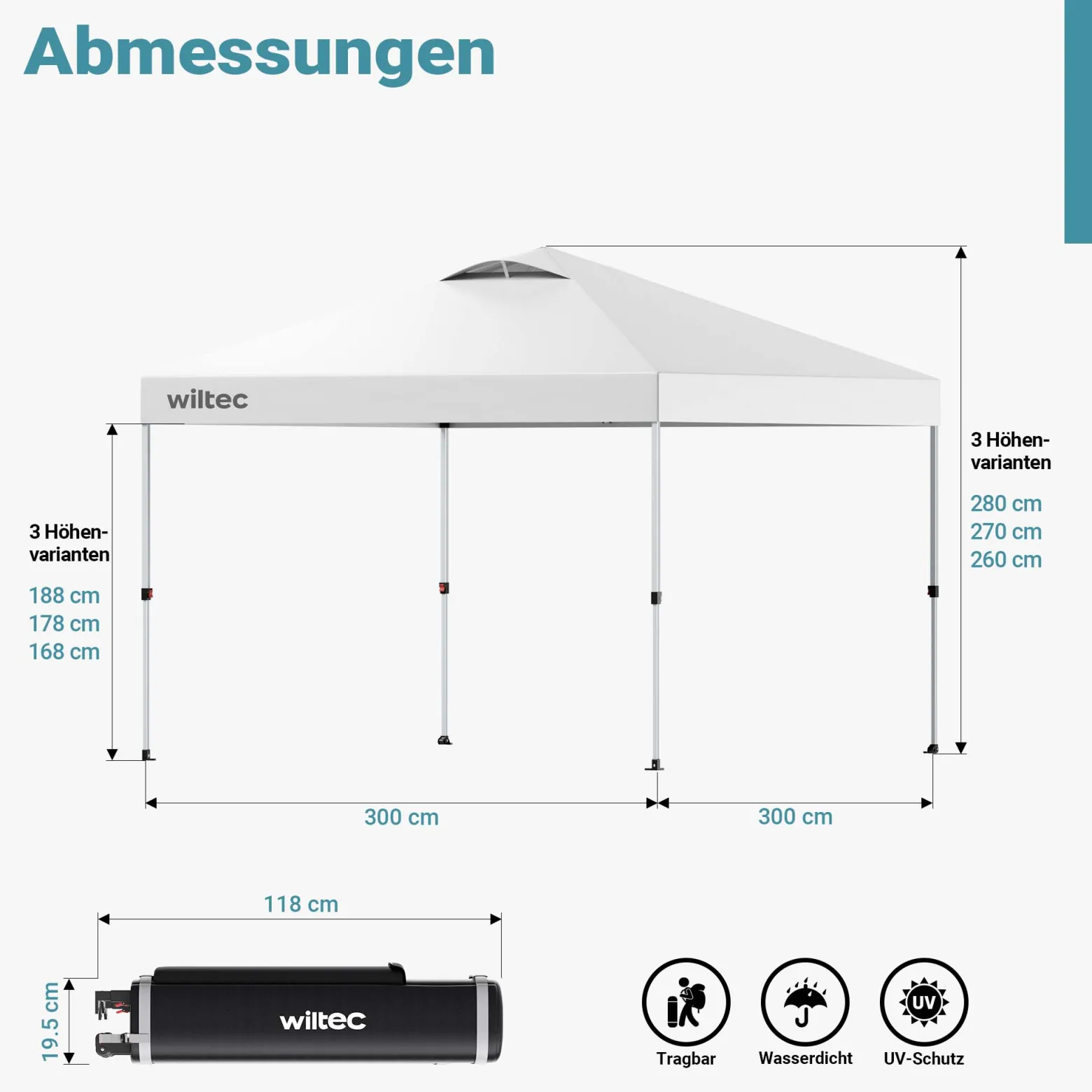 Wiltec Pop Up Pavillon 3 x 3 m weiß mit Rädern, Faltpavillon mit „One Push“-Technologie und Gewichtstaschen, Gartenpavillon mit verstellbaren Beinen