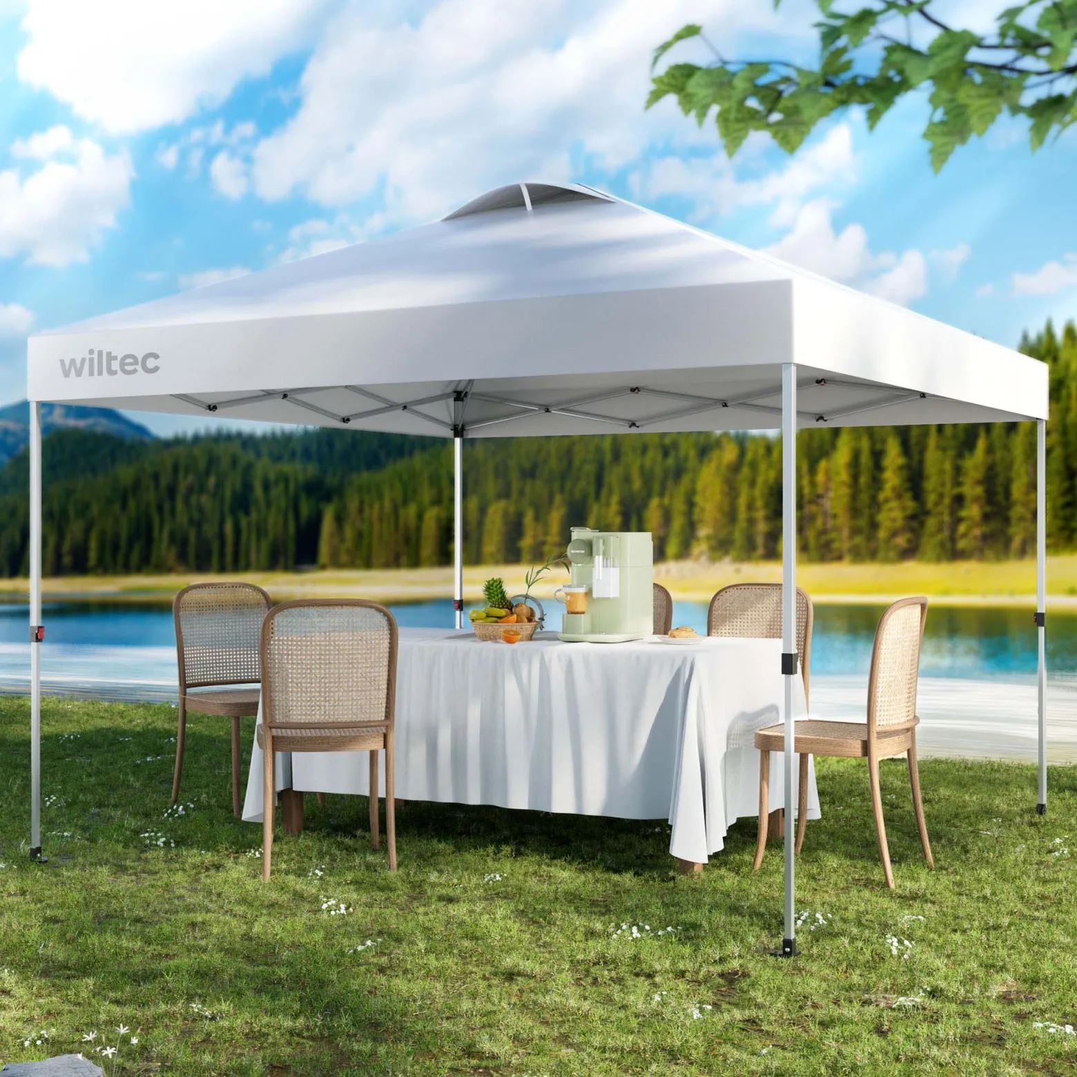 Wiltec Pop Up Pavillon 3 x 3 m weiß mit Rädern, Faltpavillon mit „One Push“-Technologie und Gewichtstaschen, Gartenpavillon mit verstellbaren Beinen