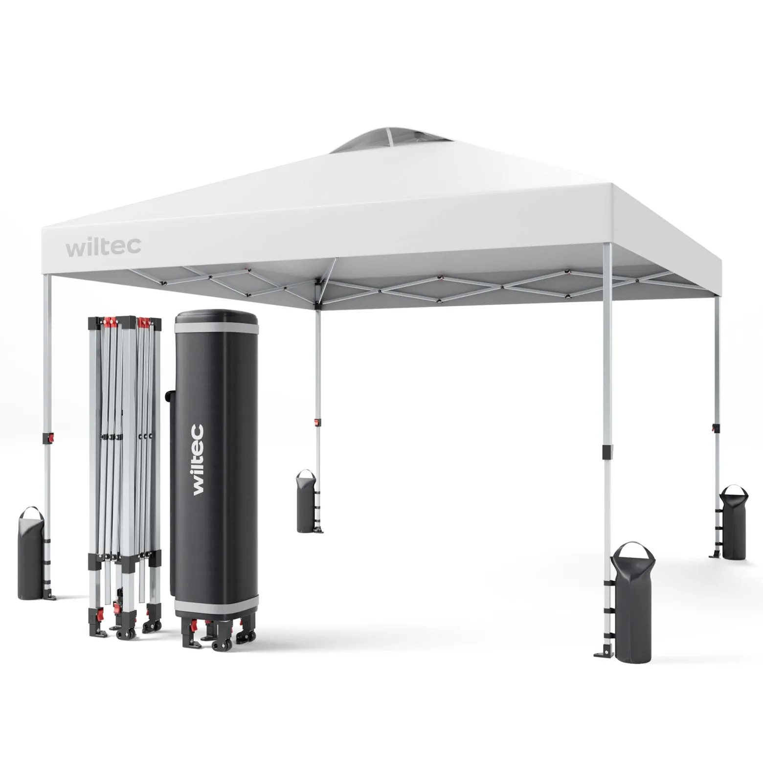Wiltec Pop Up Pavillon 3 x 3 m weiß mit Rädern, Faltpavillon mit „One Push“-Technologie und Gewichtstaschen, Gartenpavillon mit verstellbaren Beinen