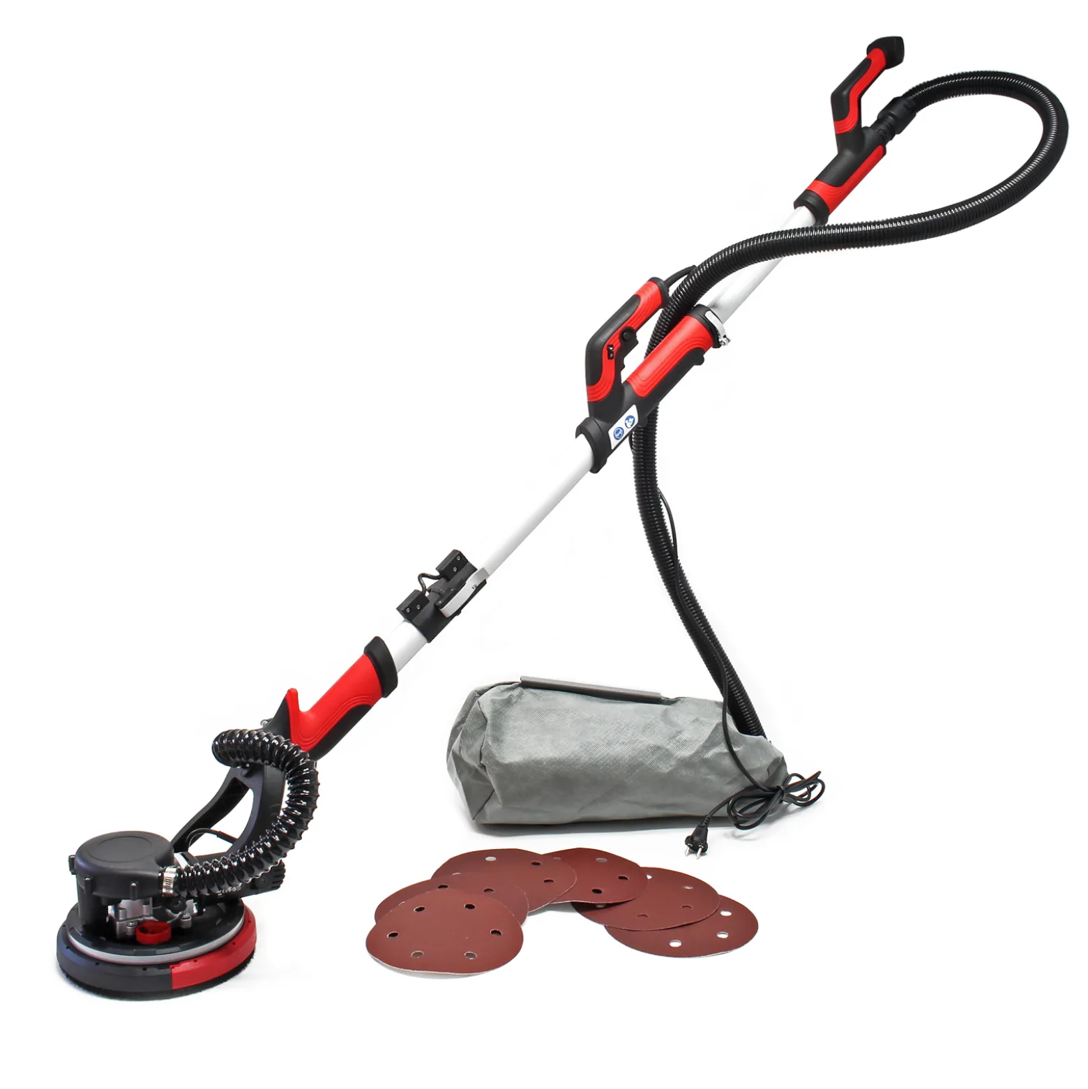 Wiltec Profi Trockenbauschleifer 750 W, Wandschleifer Deckenschleifer mit 225 mm Schleifteller, Langhalsschleifer mit Absaugung, Zubehör und Teleskopstange