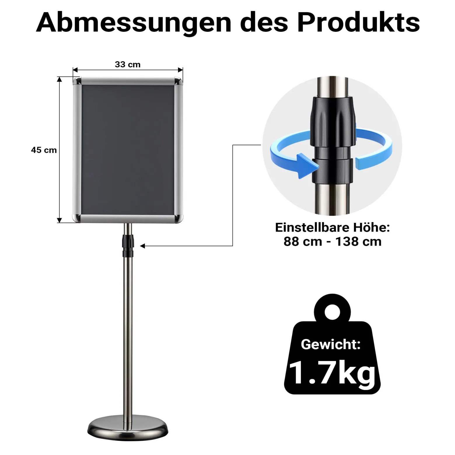 Wiltec Präsentationsständer höhenverstellbar 88-138 cm, Infoständer für A3, Aufsteller Aluminium & Stahl, Werbeaufsteller vielseitig einsetzbar