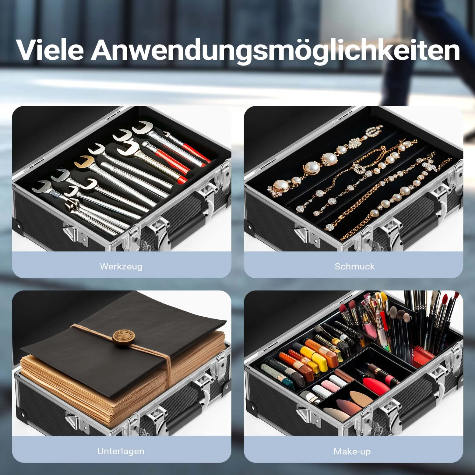 Wiltec PVC Universalkoffer 32x23x16 cm, PVC-Box abschließbar für Aufbewahrung und Transport von Werkzeug, Dokumenten usw., mit Griff und Tragegurt, Alu-Rahmen