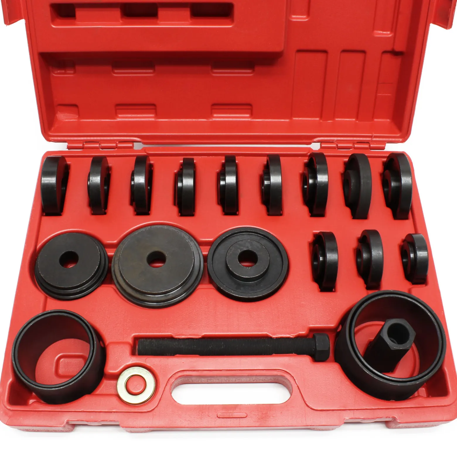 Wiltec Radlager Werkzeug Satz 24 teilig, Druckplatten 55-88 mm, Abziehglocken, Gewindespindel, Radlagerabzieher für Kfz mit Vorderradantrieb im Koffer