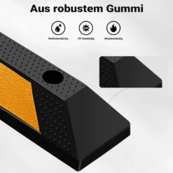 Wiltec Radstopper 183 x 15 x 10 cm, Einparkhilfe aus Gummi, Parkplatzbegrenzung mit gelben Reflexionsstreifen & Schraubrillen, Parkplatzsperre für Garage