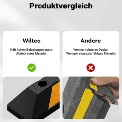 Wiltec Radstopper 183 x 15 x 10 cm, Einparkhilfe aus Gummi, Parkplatzbegrenzung mit gelben Reflexionsstreifen & Schraubrillen, Parkplatzsperre für Garage