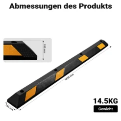Wiltec Radstopper 183 x 15 x 10 cm, Einparkhilfe aus Gummi, Parkplatzbegrenzung mit gelben Reflexionsstreifen & Schraubrillen, Parkplatzsperre für Garage