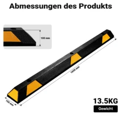 Wiltec Radstopper 165 x 15 x 10 cm, Einparkhilfe aus Gummi, Parkplatzbegrenzung mit gelben Reflexionsstreifen & Schraubrillen, Parkplatzsperre für Garage