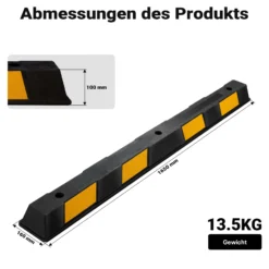 Wiltec Radstopper 165 x 16 x 10 cm, Einparkhilfe aus Gummi, Parkplatzbegrenzung mit gelben Reflexionsstreifen & Schraubrillen, Parkplatzsperre für Garage