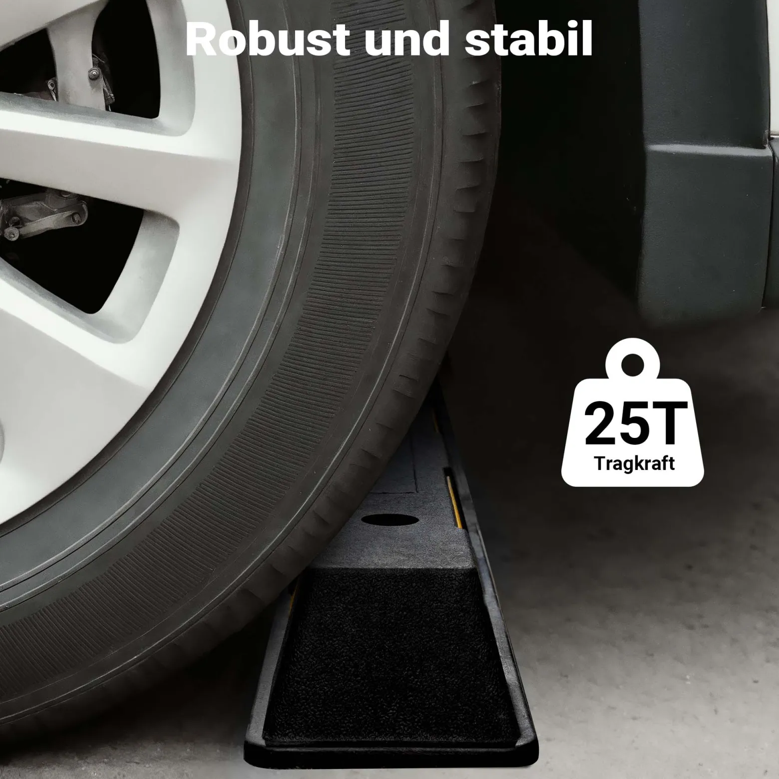 Wiltec Radstopper 165 x 16 x 10 cm, Einparkhilfe aus Gummi, Parkplatzbegrenzung mit gelben Reflexionsstreifen & Schraubrillen, Parkplatzsperre für Garage