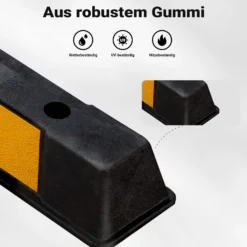 Wiltec Radstopper 165 x 16 x 10 cm, Einparkhilfe aus Gummi, Parkplatzbegrenzung mit gelben Reflexionsstreifen & Schraubrillen, Parkplatzsperre für Garage