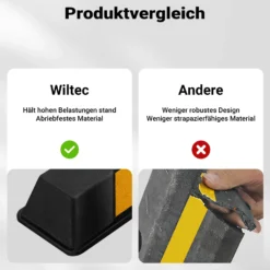 Wiltec Radstopper 165 x 16 x 10 cm, Einparkhilfe aus Gummi, Parkplatzbegrenzung mit gelben Reflexionsstreifen & Schraubrillen, Parkplatzsperre für Garage