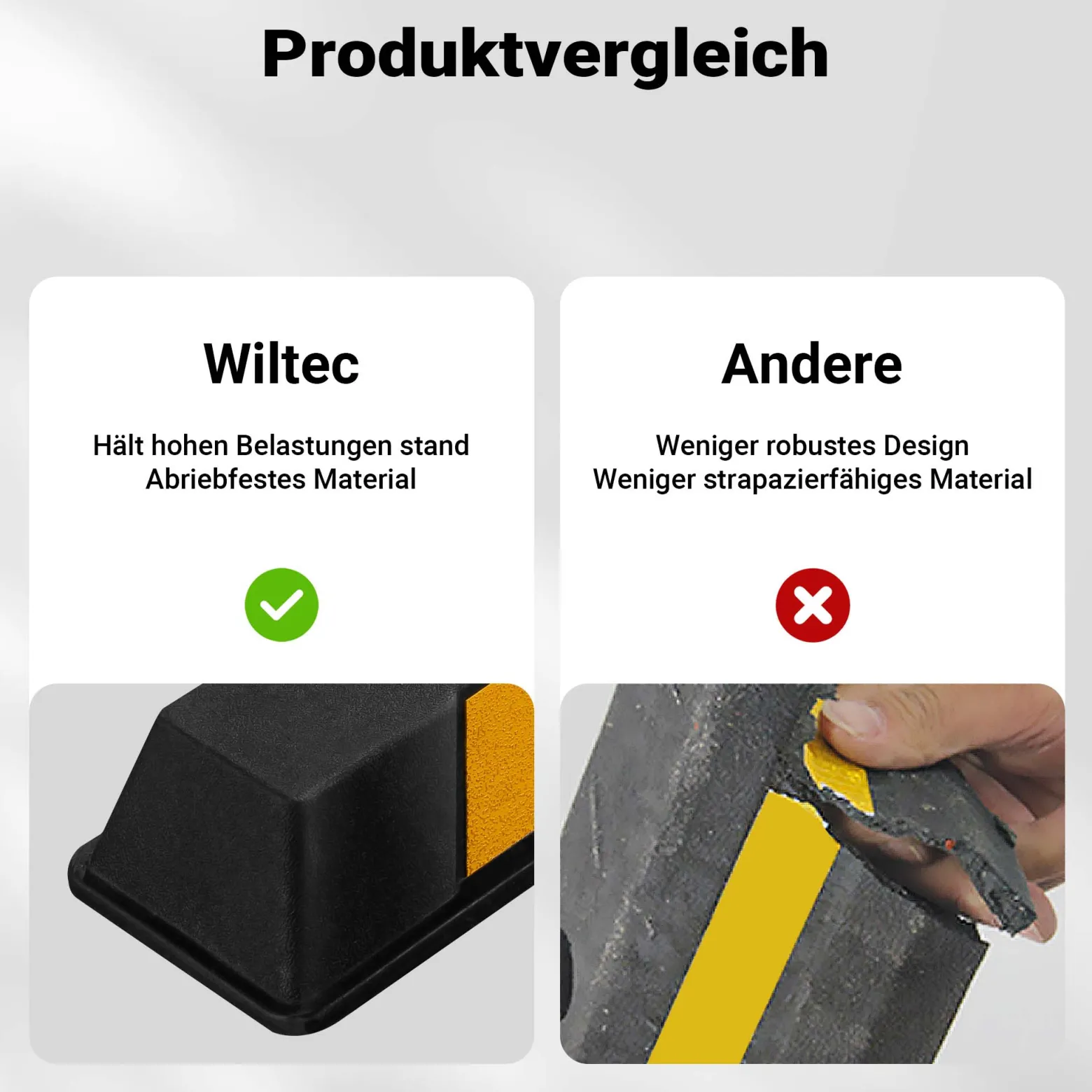 Wiltec Radstopper 165 x 16 x 10 cm, Einparkhilfe aus Gummi, Parkplatzbegrenzung mit gelben Reflexionsstreifen & Schraubrillen, Parkplatzsperre für Garage