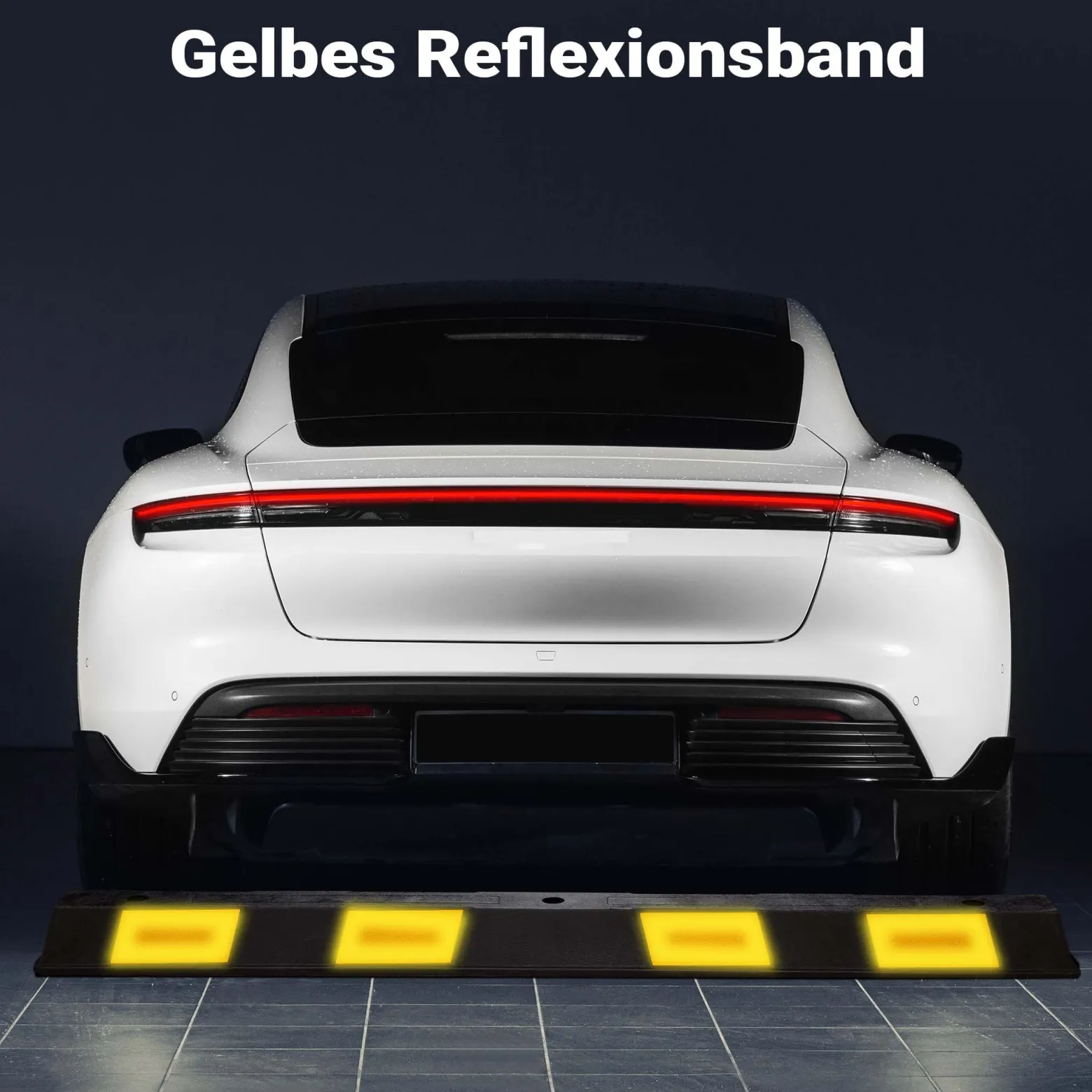Wiltec Radstopper 165 x 16 x 10 cm, Einparkhilfe aus Gummi, Parkplatzbegrenzung mit gelben Reflexionsstreifen & Schraubrillen, Parkplatzsperre für Garage