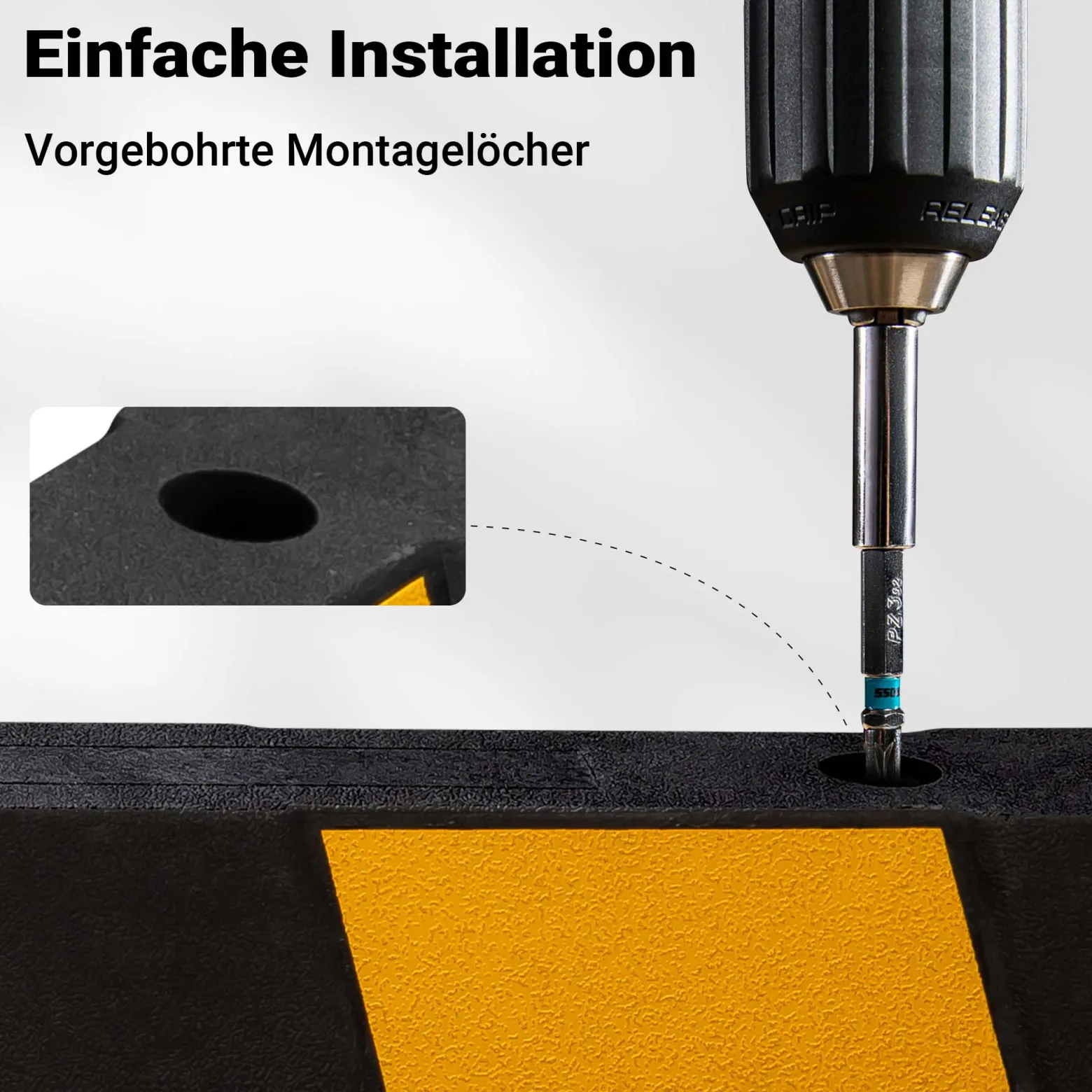 Wiltec Radstopper 165 x 16 x 10 cm, Einparkhilfe aus Gummi, Parkplatzbegrenzung mit gelben Reflexionsstreifen & Schraubrillen, Parkplatzsperre für Garage