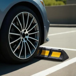 Wiltec Radstopper 47,5 x 12 x 8 cm, 2x Einparkhilfe aus Gummi, Parkplatzbegrenzung mit gelben Reflexionsstreifen & Schraubrillen, Parkplatzsperre für Garage