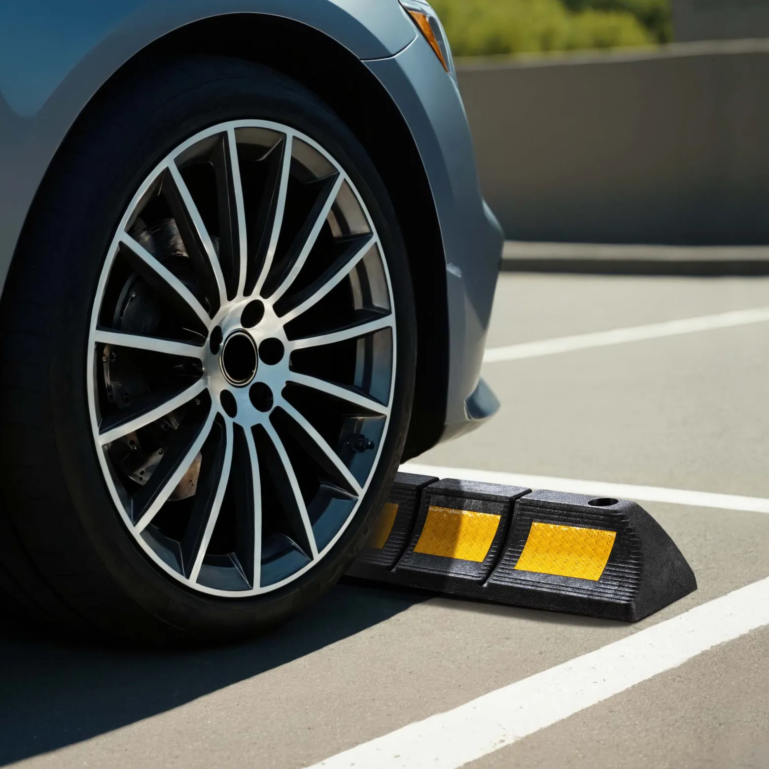 Wiltec Radstopper 47,5 x 12 x 8 cm, 2x Einparkhilfe aus Gummi, Parkplatzbegrenzung mit gelben Reflexionsstreifen & Schraubrillen, Parkplatzsperre für Garage