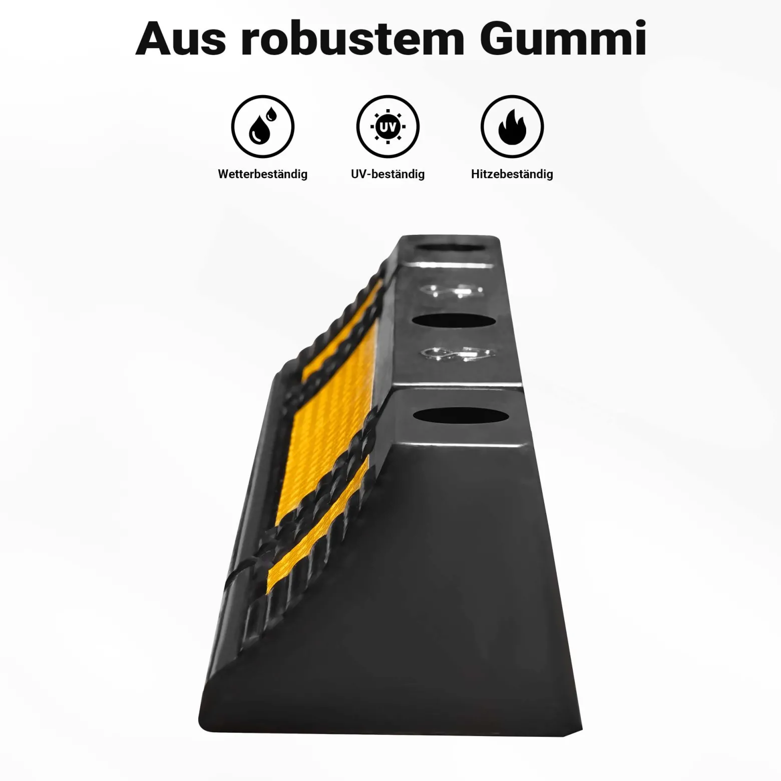 Wiltec Radstopper 60 x 12 x 8 cm, 2x Einparkhilfe aus Gummi, Parkplatzbegrenzung mit gelben Reflexionsstreifen & Schraubrillen, Parkplatzsperre für Garage