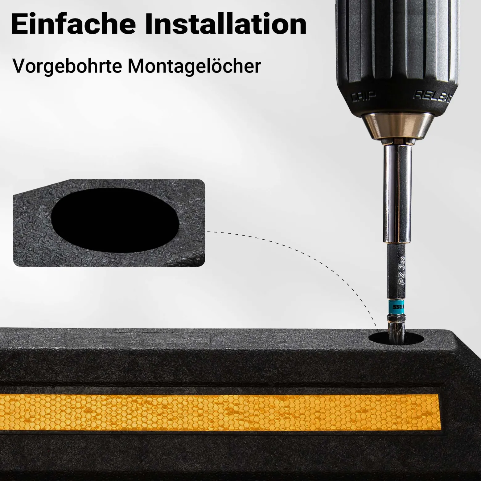Wiltec Radstopper 56 x 15 x 10 cm, 2x Einparkhilfe aus Gummi, Parkplatzbegrenzung mit gelben Reflexionsstreifen & Schraubrillen, Parkplatzsperre für Garage