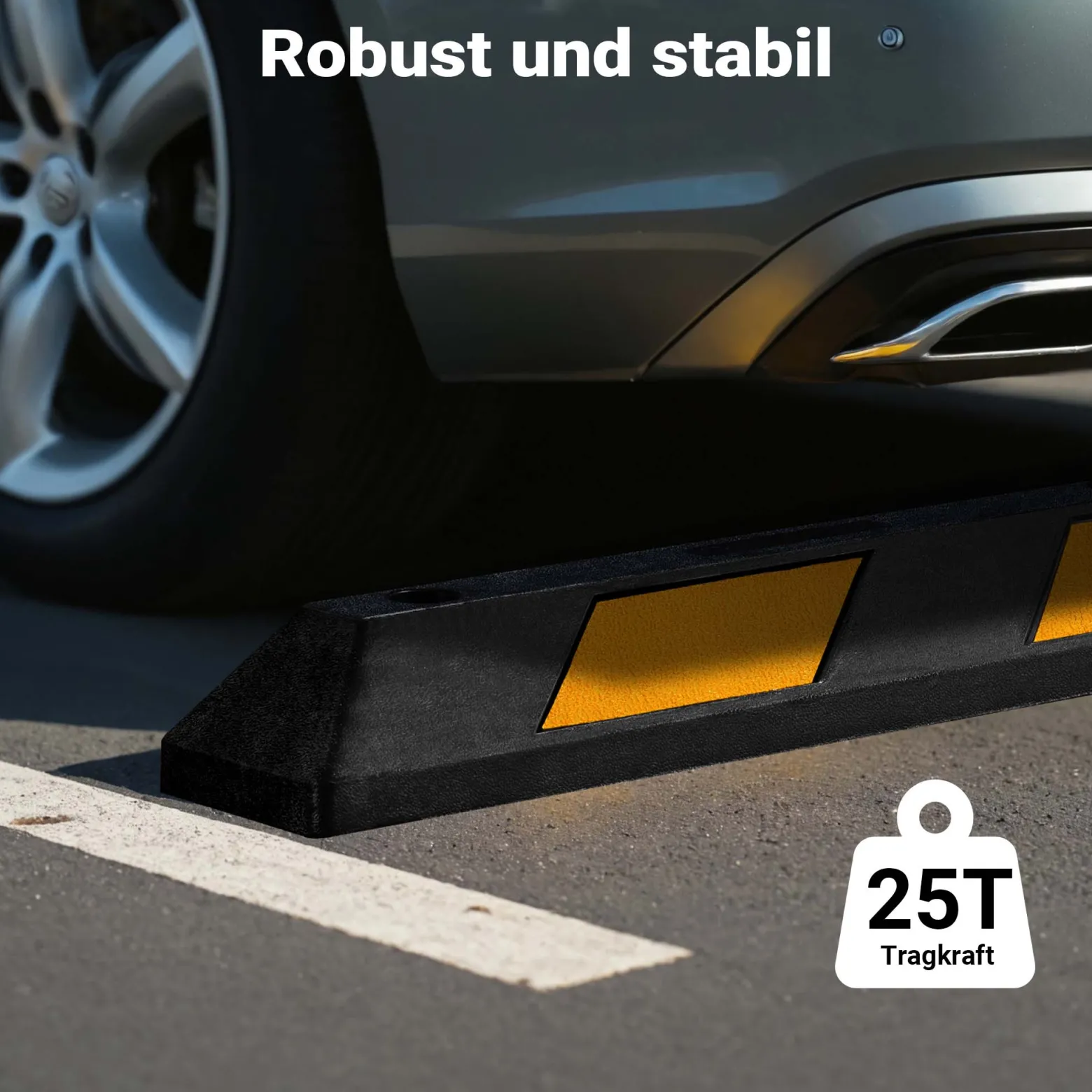 Wiltec Radstopper 120 x 15 x 10 cm, 2x Einparkhilfe aus Gummi, Parkplatzbegrenzung mit gelben Reflexionsstreifen & Schraubrillen, Parkplatzsperre für Garage
