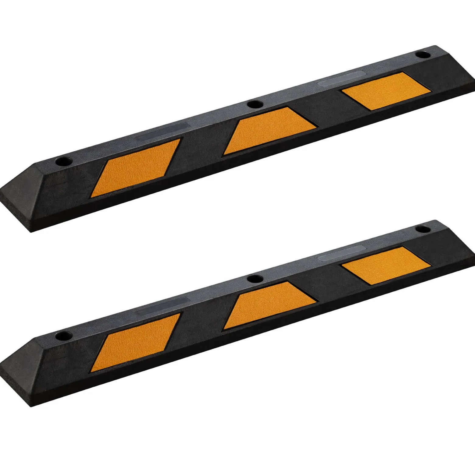 Wiltec Radstopper 120 x 15 x 10 cm, 2x Einparkhilfe aus Gummi, Parkplatzbegrenzung mit gelben Reflexionsstreifen & Schraubrillen, Parkplatzsperre für Garage
