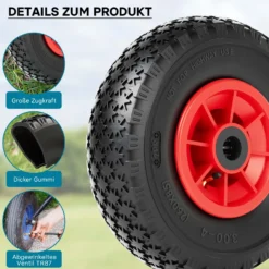 Wiltec Rad 3.00-4 85 x 260 mm 90 kg, Schubkarren Komplettrad mit Kunststofffelge, Winkelventil, Luftreifen für Sackkarre, Bollerwagen u.a .
