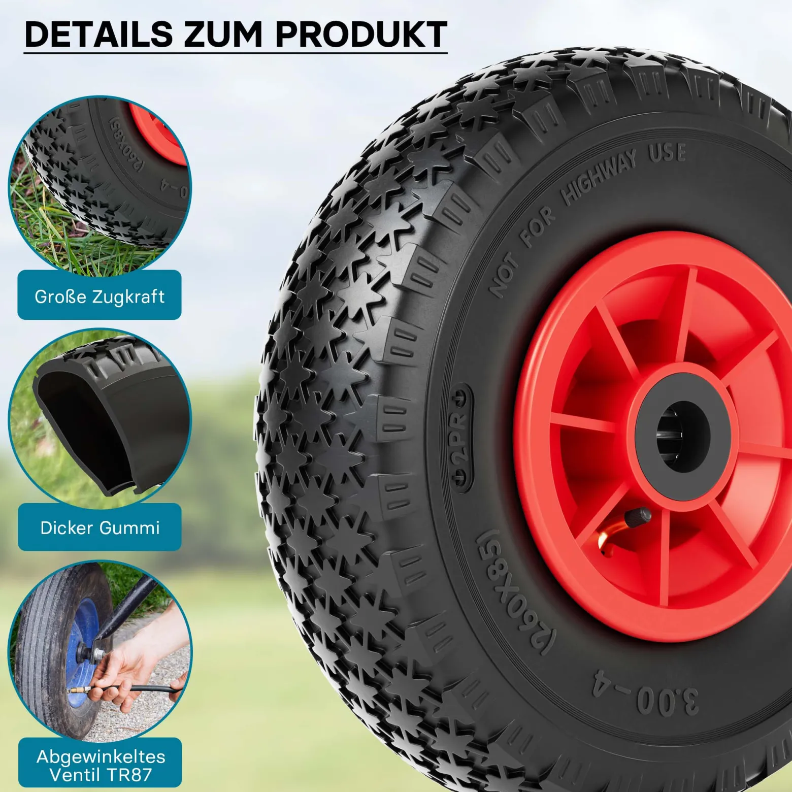 Wiltec Rad 3.00-4 85 x 260 mm 90 kg, Schubkarren Komplettrad mit Kunststofffelge, Winkelventil, Luftreifen für Sackkarre, Bollerwagen u.a .