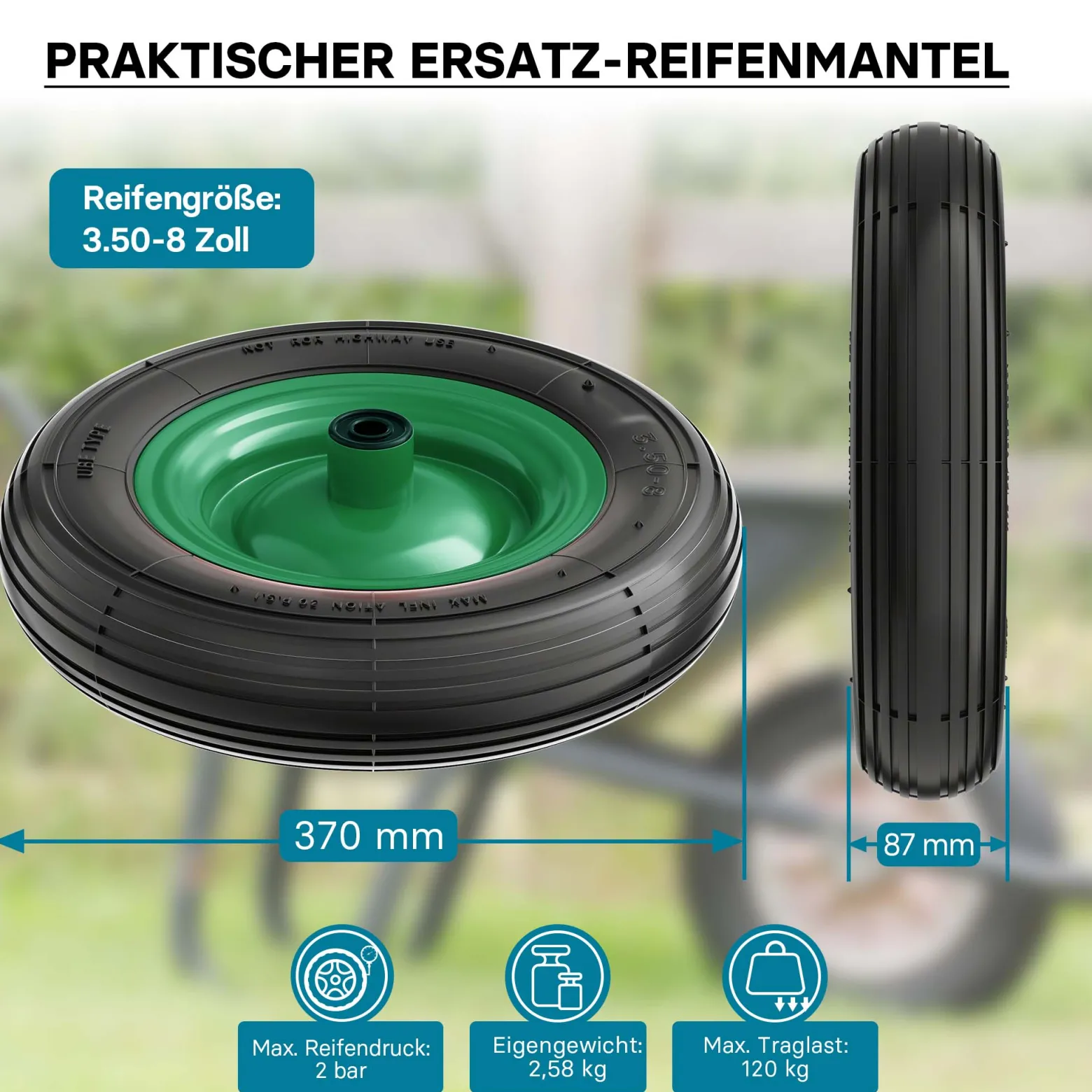 Wiltec Rad 3.50-8 370-380 x 80-100 mm 120 kg, Schubkarren Komplettrad mit Metallfelge, Winkelventil, Luftreifen für Sackkarre, Bollerwagen u.a .