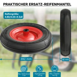 Wiltec Rad 4.00-8 400 x 100 mm 160 kg, Schubkarren Komplettrad mit Stahlfelge, Winkelventil, Luftreifen für Sackkarre, Bollerwagen u.a .