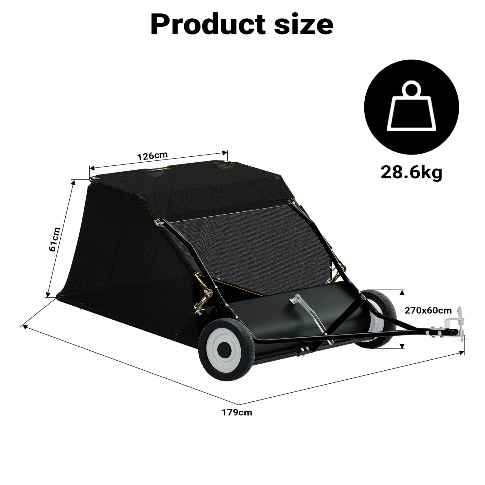 Wiltec Rasenkehrmaschine mit 105 cm Kehrbreite, Rasenkehrer für Aufsitzmäher, Laubsammler mit 365 l Auffangnetz Laubkehrmaschine für Rasentraktor