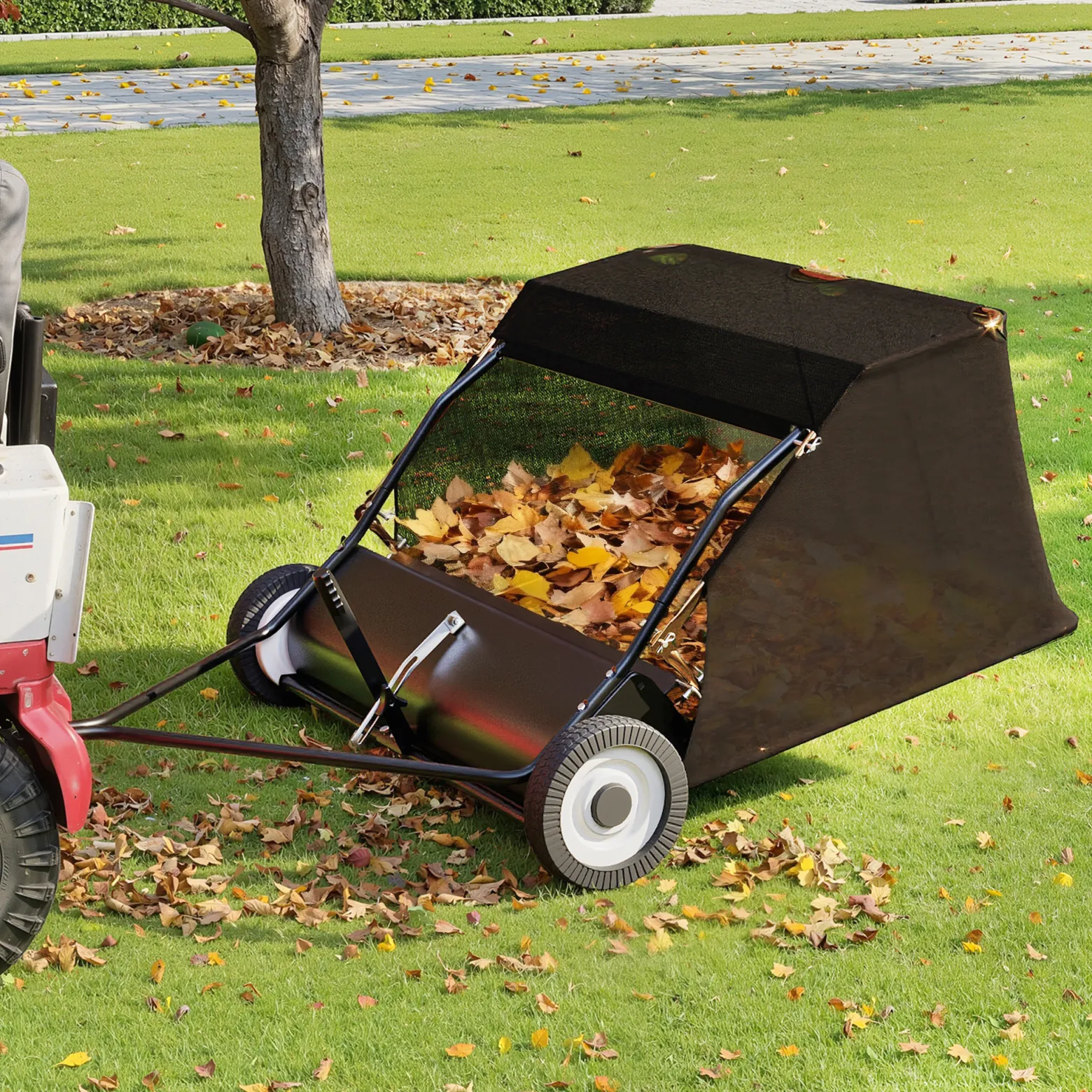 Wiltec Rasenkehrmaschine mit 105 cm Kehrbreite, Rasenkehrer für Aufsitzmäher, Laubsammler mit 365 l Auffangnetz Laubkehrmaschine für Rasentraktor